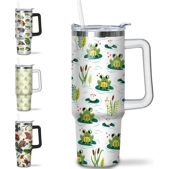 30 oz Insulated Stainless Steel Frog Tumbler with Handle and Straw - Coffee Travel Mug, Water Bottle Gift for Women and Girls