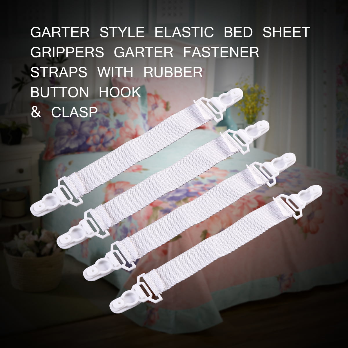 White IMIKEYA 4pcs Garter Style Elastic Bed Sheet Grippers Garter Fastener Straps with Rubber Button Hook & Clasp