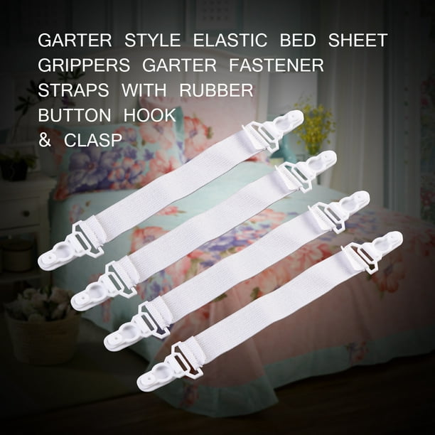 4pcs Garter Style Elastic Bed Sheet Grippers Garter Fastener Straps with  Rubber Button Hook & Clasp (White) 