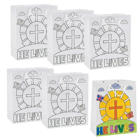 Fun Express 7 1/2" x 9" Bulk 48 Pieces Medium Color Your Own Paper He Lives Gift Bags