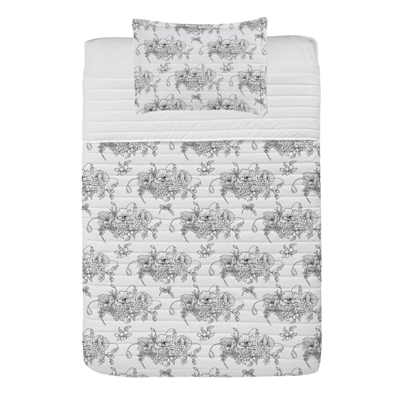 Hand Drawn Microfiber Bedspread Set, Floral Theme Pattern of Flowers Bouquet Along Berries in Sketch, Soft Bedding Set with Pillow Shams & Comforter, 3 Sizes, Charcoal Grey and White, by Ambesonne