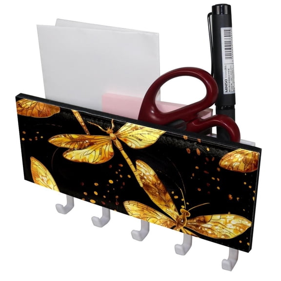 PhooArto Key Holder for Wall Decorative with 5 Key Hooks, Dragonfly Golden Patterns Holders Wall Mount Organizer with Mail Key Rack, Self Adhesive