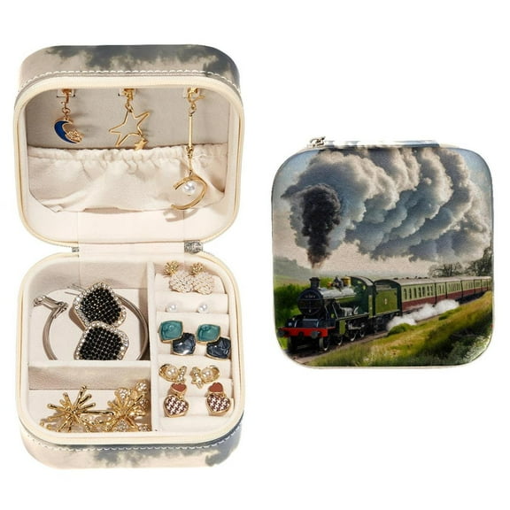 PhooArto Small Jewellery Box, Steam Train Railway Portable Travel Mini Jewelry Case for Women Leather Ring Organizer