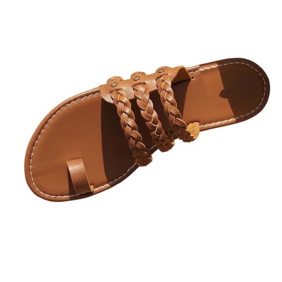 Xfvqtps Womens Flat Sandals Slide Woven Strap Toe Ring Casual Slip on Sandals Beach Indoor Outdoor Comfort Summer Shoes