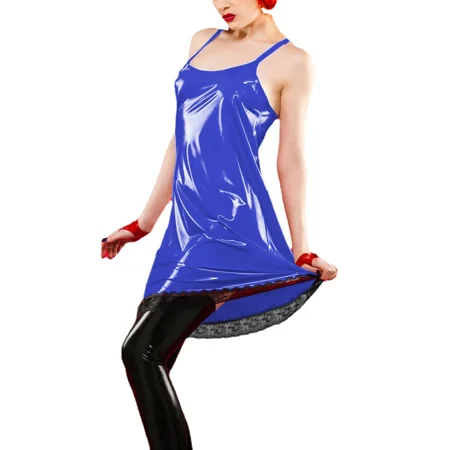 Night Party Sexy PVC Leather Spaghetti Strap A-line Dress Women Lingerie Female Sleeveless Sling Pajamas