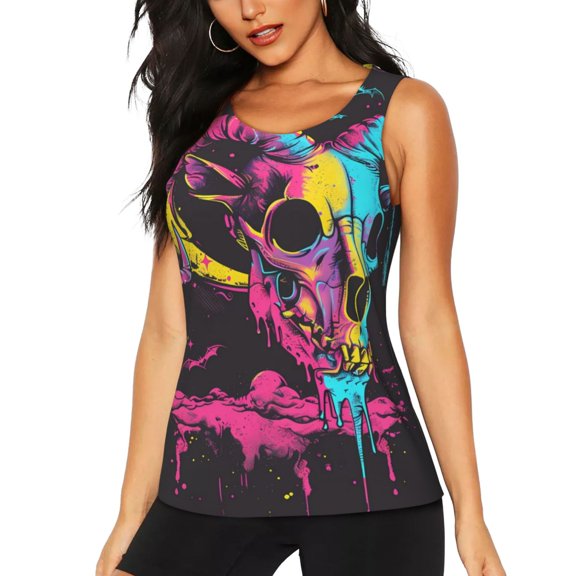 Fuzoiu Neon Gothic Skull Moon Print Men's Workout Tank Tops,Sleeveless Gym Shirt Quick Dry,Fitness Bodybuilding T-Shirt,Muscle Athletic Workout Tee-