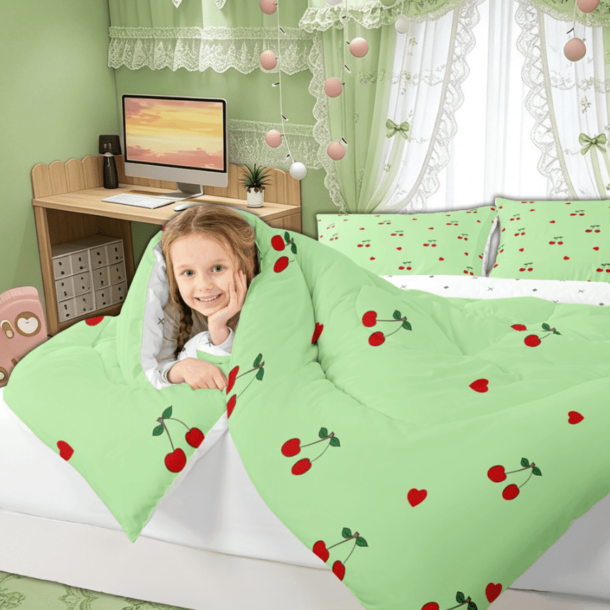 Manfei Green Cheryy Teens Full Size Comforter Sets for Kids Girls, Cartoon Princess Love Heart Bedding Comforter Set, Reversibles, 3pcs