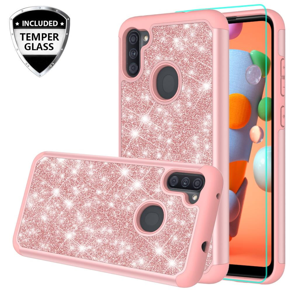 heet Surrey Geruststellen Case for Galaxy A11 Tempered Glass Screen Protector Glitter Bling  Shockproof Rubber Skin Silicone Protective Case for Galaxy A11 - Rose Gold  - Walmart.com