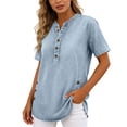 thumbnail image 6 of Women's Summer Denim Blouse V Neck Button Down 3/4 Sleeve Shirt Side Split Jean Blouse Casual Elegant Loose Tops Daily Vacation Party Tops for Ladies, 6 of 6