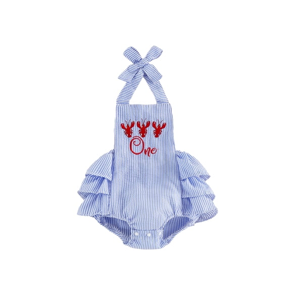 BemeyourBBs Infant Baby Girl First Birthday Crawfish Outfit Summer 1 Years Old Birthday Clothes Baby Striped Halter Ruffle Romper Lobster Embroidery Sleeveless Jumpsuit Bodysuit Playsuit