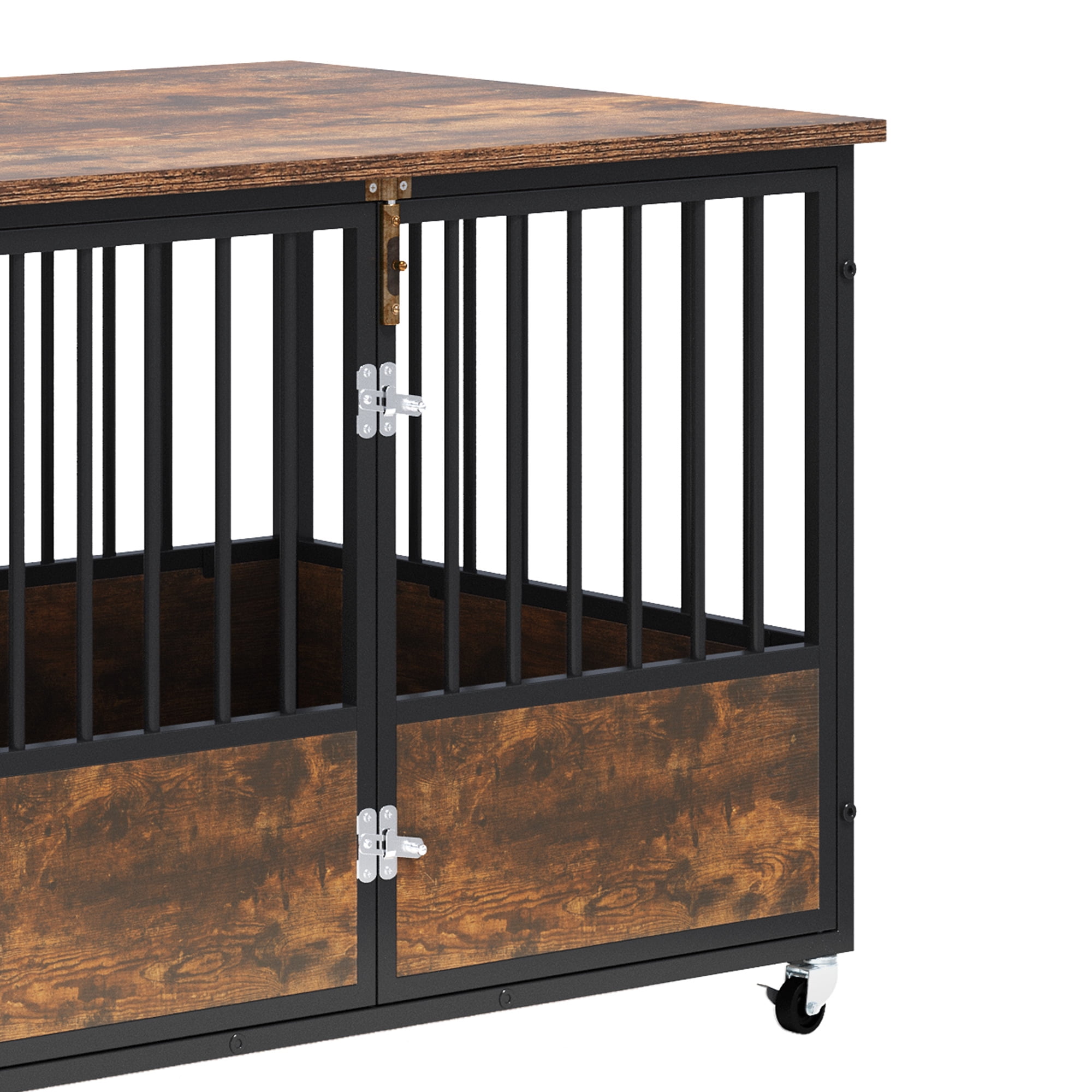 ModFusion 43" Metal Dog Crate Furniture Double Door Wheels Indoor Outdoor Kennel