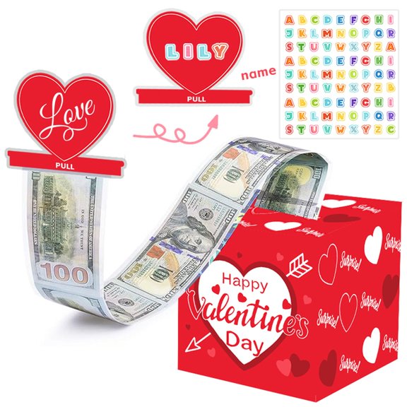 Fasiaou Valentine's Day Money Box for Cash Pull Money Box for Cash Gift with Greeting Card Valentine Surprise Money Roll Gift Box DIY Money Box,As Show