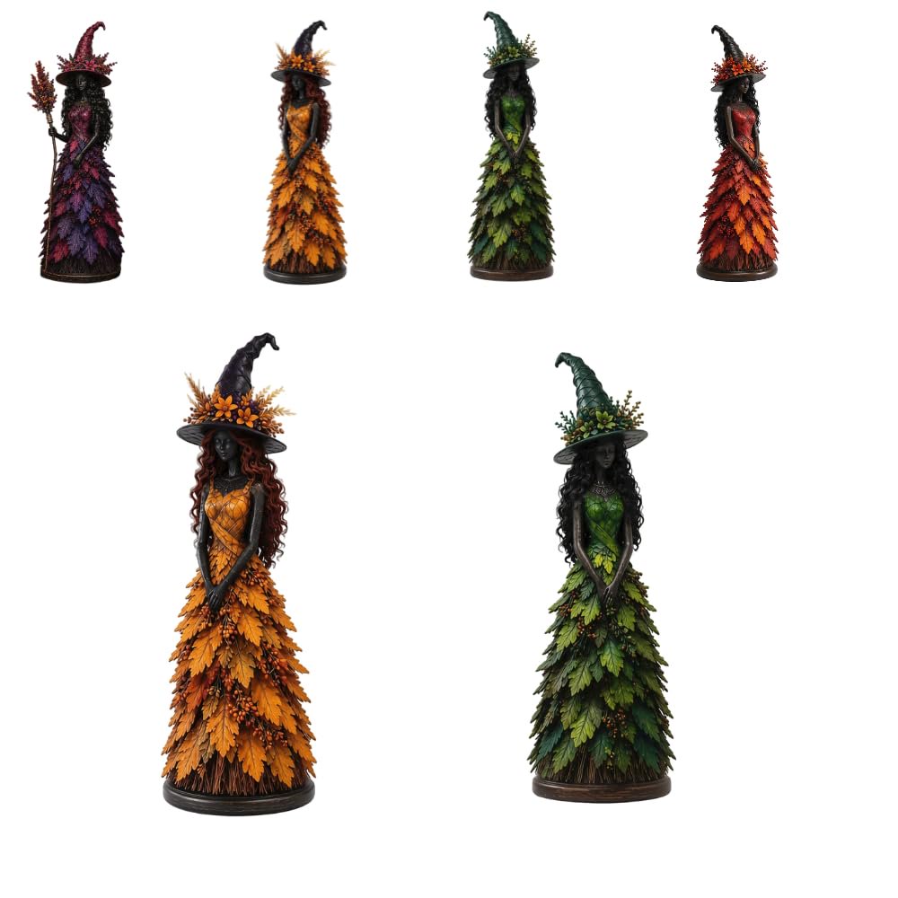 Enchanted Autumn Witch Figurine Witch Figurine (Forest Spell) Fall Witch Decor Halloween Tabletop Statue with Leaf Gown Seasonal Resin Witch Decoration for Mantel Shelf Home