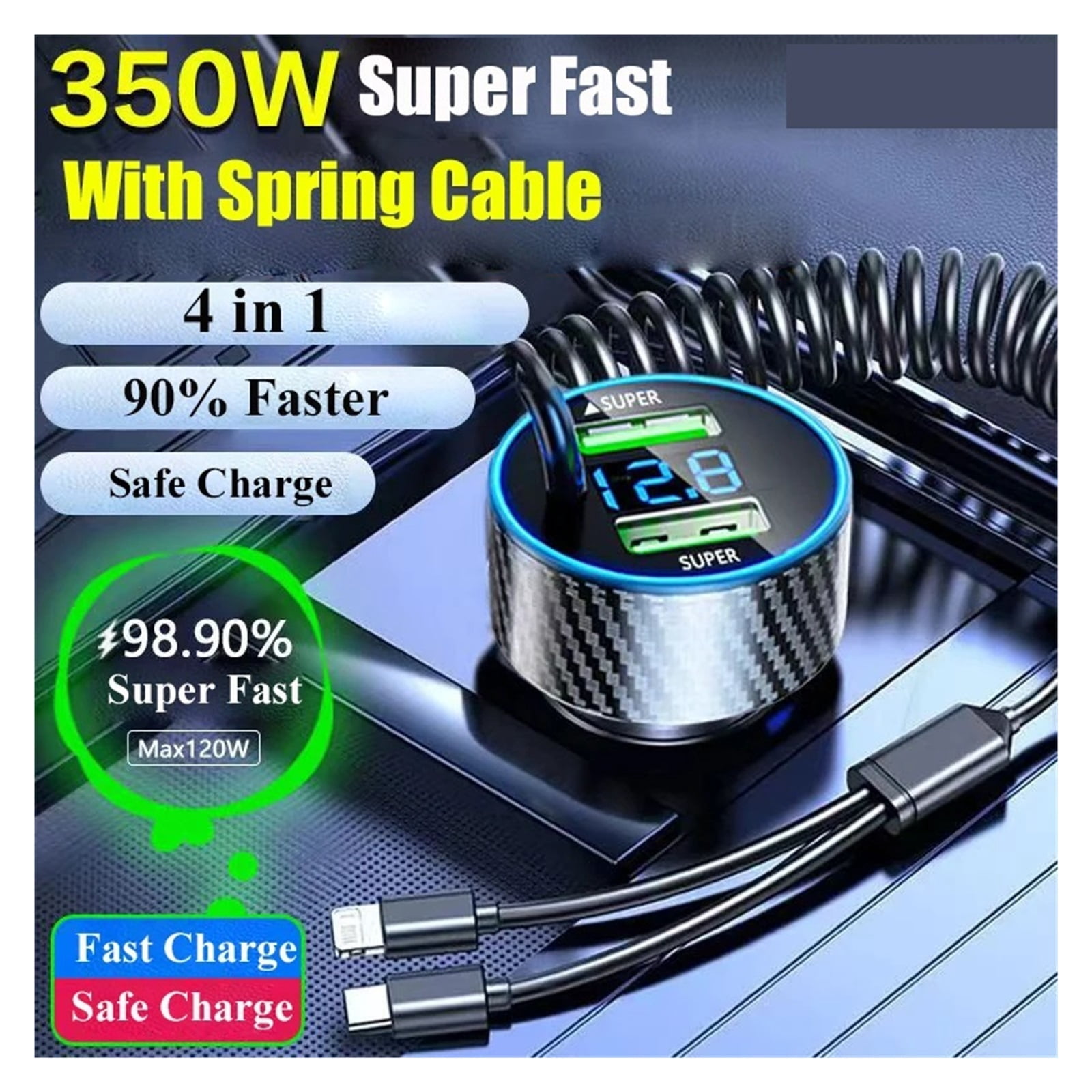 4 in 1 Dual Port USB Car Phone Charger Type C with Retractable Cable Super Fast Charging Adapter