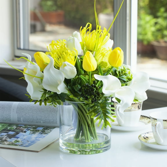 Enova Home Artificial Flowers Real Touch White Yellow Tulip and Lily Mixed Greenery Fake Silk Flowers Arrangement in Cylinder Glass Vase with Faux Water for Home Office Wedding Decoration