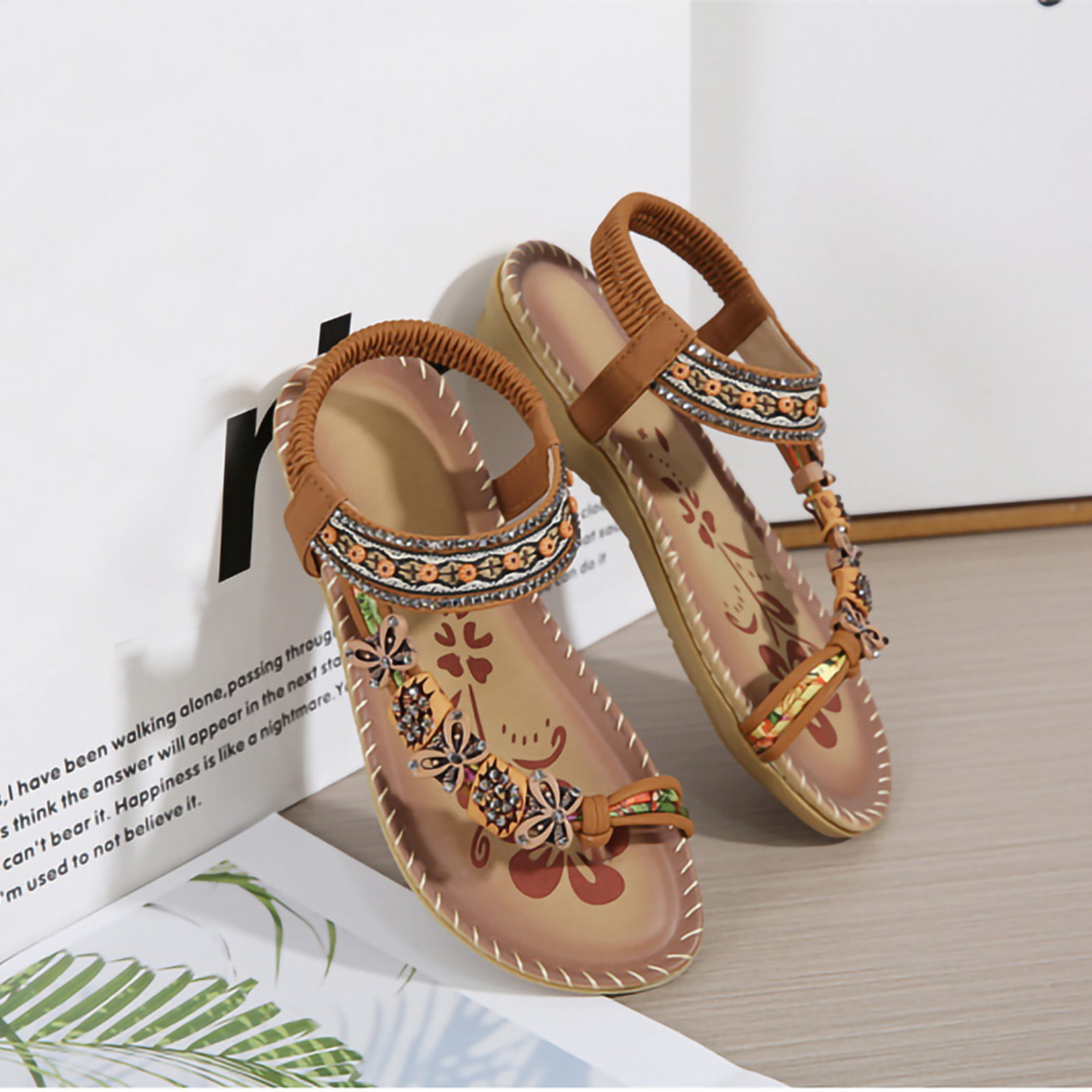 NIYIGEJI Women's Boho Beaded Flat Sandals - Glitter T-Strap, Elastic, Pink, Size 6 - View #6