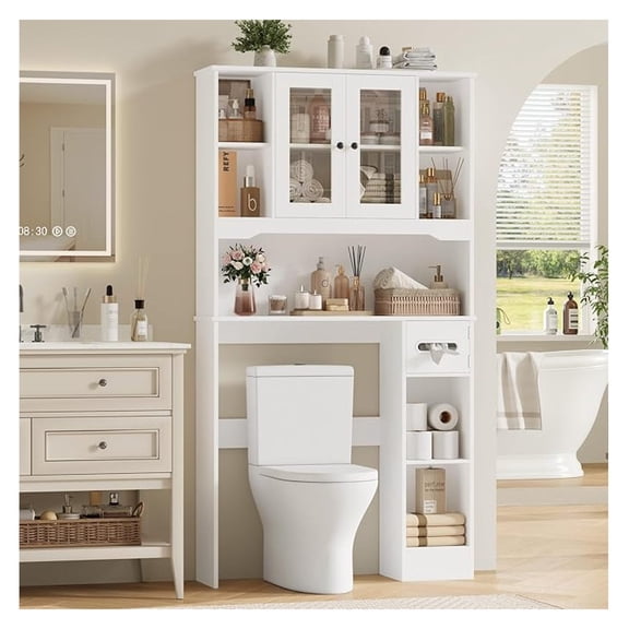 Over The Toilet Storage Cabinet, Over Toilet Bathroom Organizer with 2 Glass Doors & Paper Holder, Bathroom Shelves Over Toilet with Adjustable Shelves for Restroom and Laundry Room, White