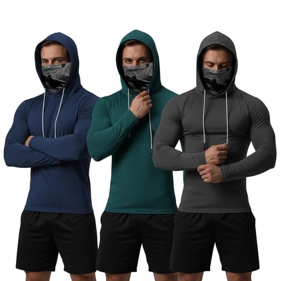 3 Pack Men's UPF 50 Sun Protection Hoodie, Long Sleeve Moisture Wicking Fishing Shirt with Face Mask