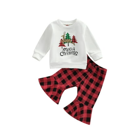 

Sunisery Christmas Baby Girls Clothes Outfits Tree Letter Print Long Sleeve T-shirt Tops and Casual Plaid Flare Pants Set