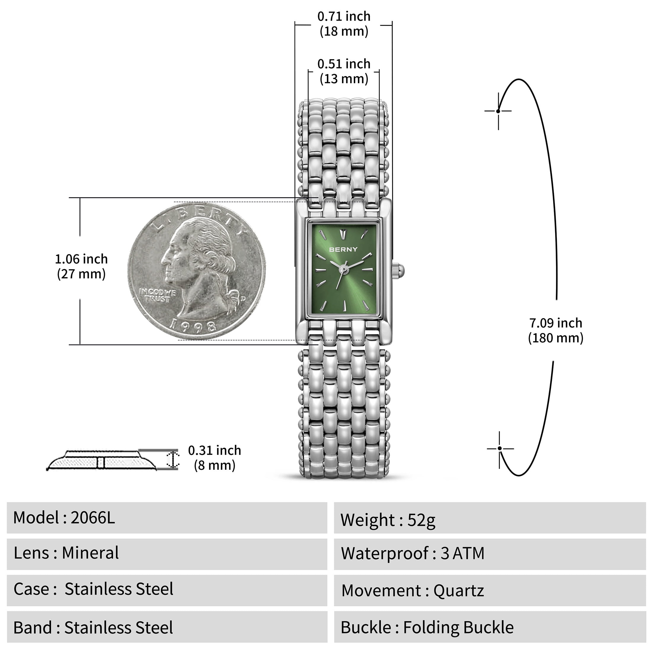BERNY Small Silver Watches for Women, Dainty Rectangular Women Watch with Stainless Steel Bracelet Band, Japanese Quartz Movement, 3ATM Waterproof, Classic Dress Ladies Wristwatch (Green)