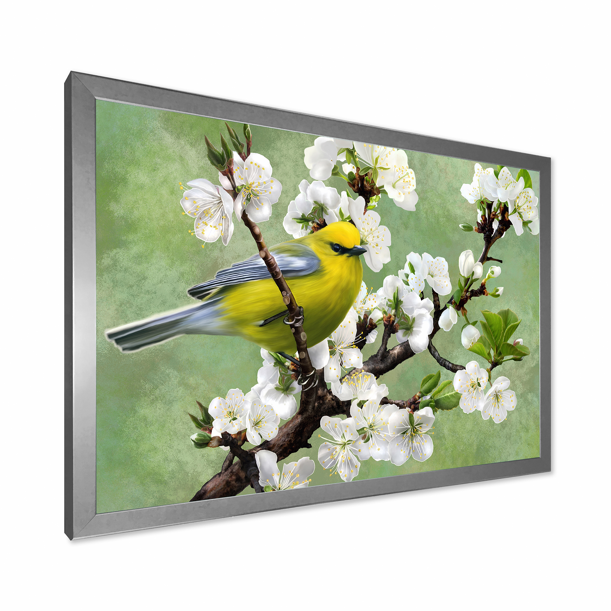 Designart 'Bird Sitting On A Branch of Cherry' Traditional Framed Art Print