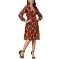thumbnail image 2 of INSPIRE CHIC Women's Boho Floral V Neck Bishop Sleeve Below The Keen Wrap Dress S Burgundy, 2 of 6
