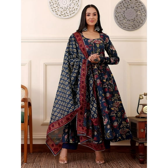 KALINI Floral Printed Anarkali Kurta With Trousers And Dupatta - Indian Ethnic Traditional Wear Kurta Set