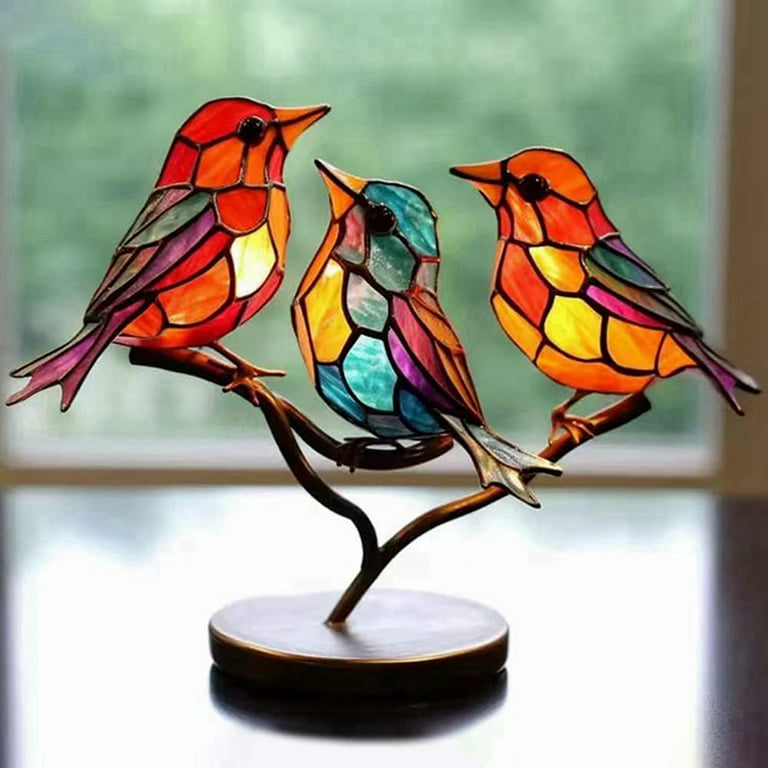 Stained Glass Birds on Branch Desktop Ornaments,Handmade Stained Glass Bird  Suncatche,Double Sided Multicolor Style Birds Colors Alloy