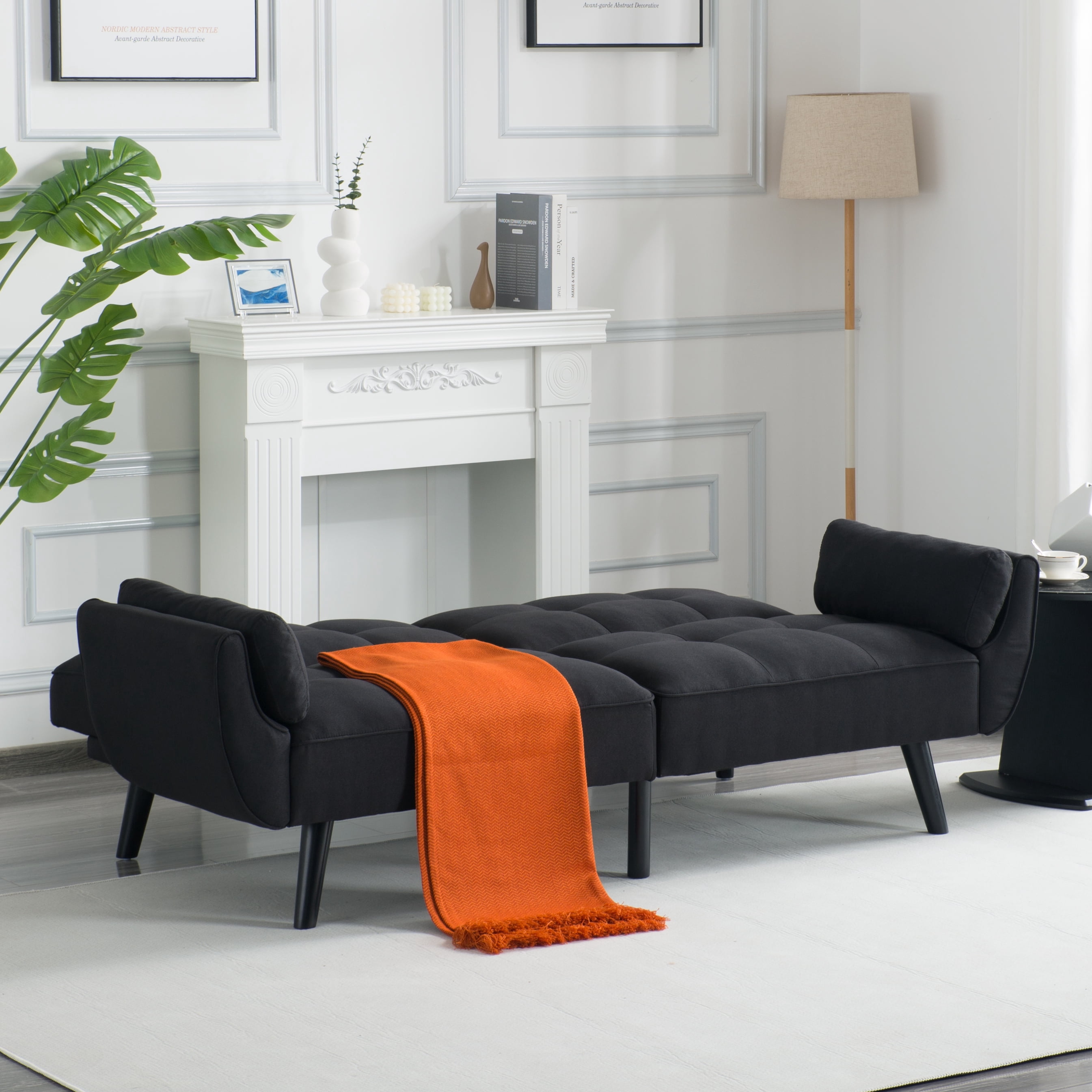 BSHTI 74.8" Linen Convertible Futon Sofa Bed with Split Back & 3-Position Adjustment, Tufted Design, Flared Arms, for Living Room & Guest Room( Black)