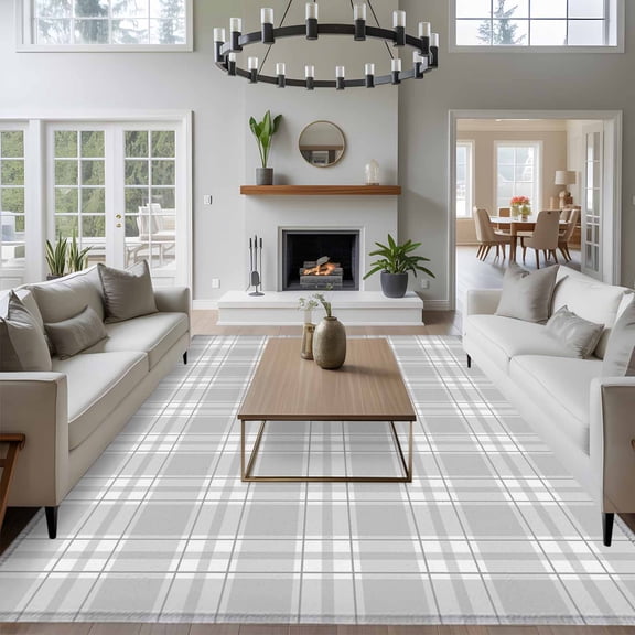 Gray White Plaid 8x10 Area Rug for Living Room Sectional Sofa, Country Style Farmhouse Simple Striped Washable Non Slip Large Rectangle Area Rug