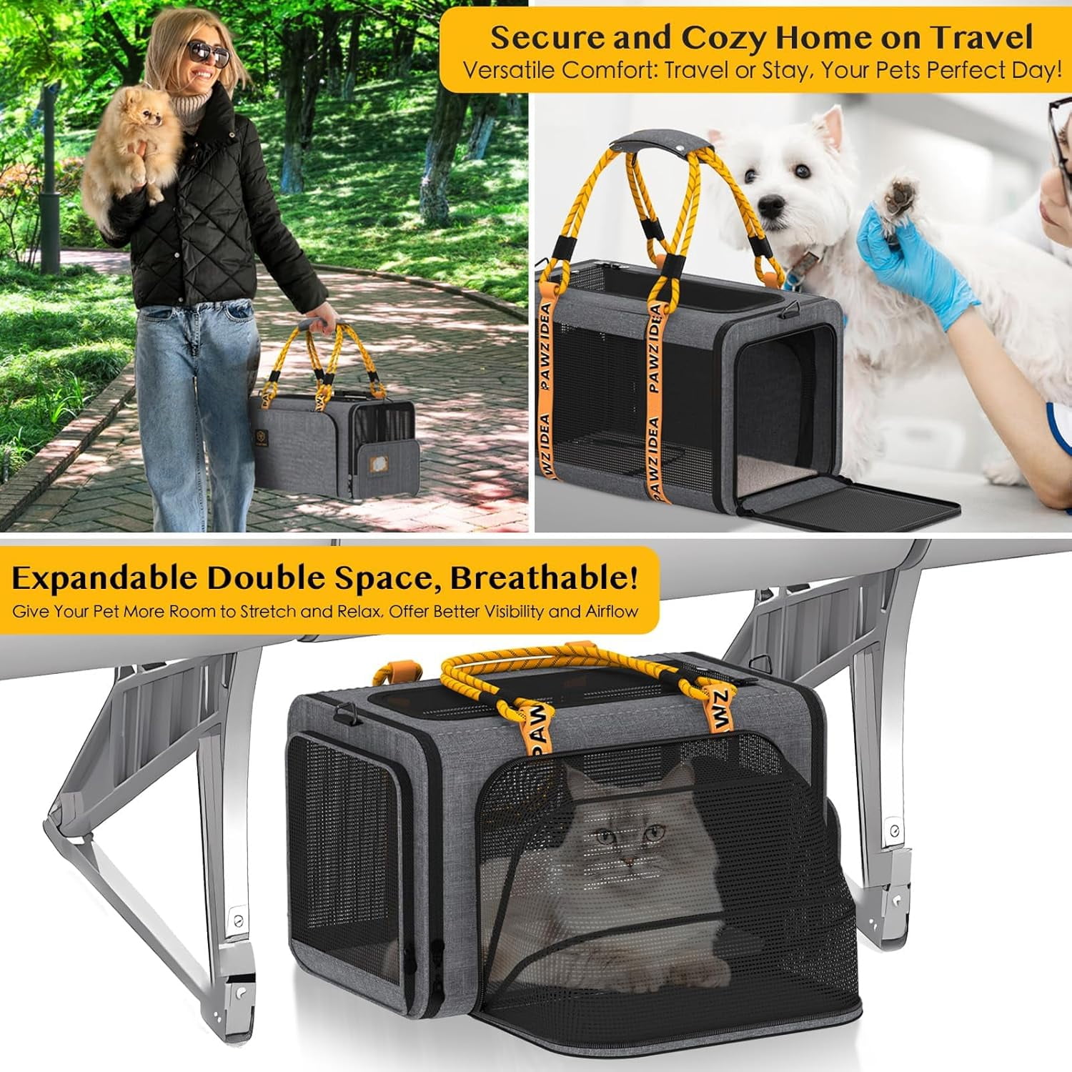 PAWZIDEA Expandable Cat Carrier w/ID Card, 18X11X11 TSA Airline Approved Pet Carrier for 2 Cats Under Seat, Soft-Sided Collapsible Small Dog Carrier Car Seat Travel Bag, Shoulder Strap as Dog Leash