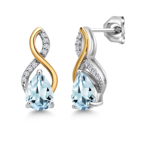 Gem Stone King 1.91 Ct Pear Shape Sky Blue Aquamarine E-F Lab Grown Diamond 925 Silver and 10K Yellow Gold Earrings