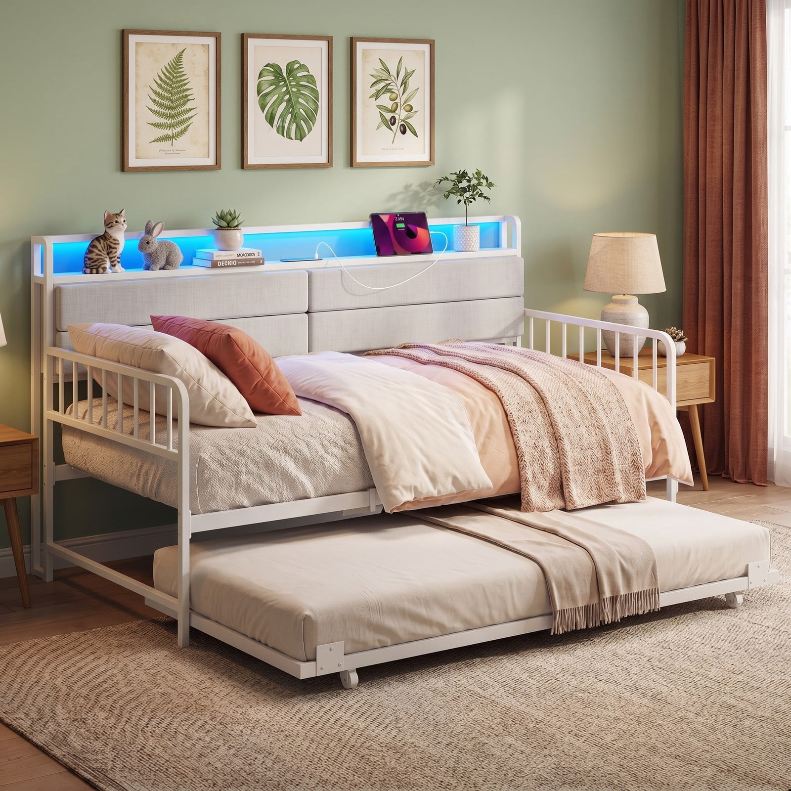 Furnibear Twin Metal Daybed with Pull-Out Trundle and Upholstered Storage Headboard with Charging Station and RGB LED, White