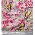 thumbnail image 1 of Soimoi Pink Moss Georgette Fabric Stripe,Floral & American Robin Bird Print Fabric by Yard 42 Inch Wide, 1 of 3