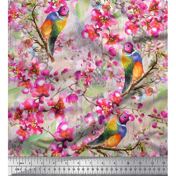 Soimoi Pink Moss Georgette Fabric Stripe,Floral & American Robin Bird Print Fabric by Yard 42 Inch Wide