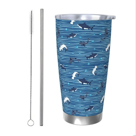 

Cauagu Sharks on White Blue Striped Pattern 20oz Tumbler Stainless Steel Vacuum Insulated Tumbler with Lid Insulated Coffee Mug Thermal Cup with Splash Proof Sliding Lid-Straw Two-piece Set