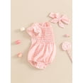 thumbnail image 2 of Newborn Baby Girl Summer Outfit Short Ruffle Sleeve Plaid Bubble Romper Cute One Piece Bodysuit with Headband Set, 2 of 7