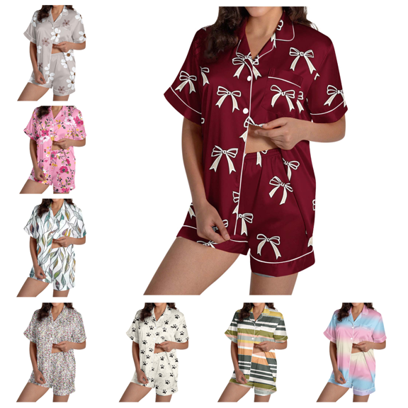 Lovzfmll Pajama Set for Women, Printed Short Sleeve Collared Set, Pocket Top & Shorts Sleepwear, Casual Home Loungewear Wine, S