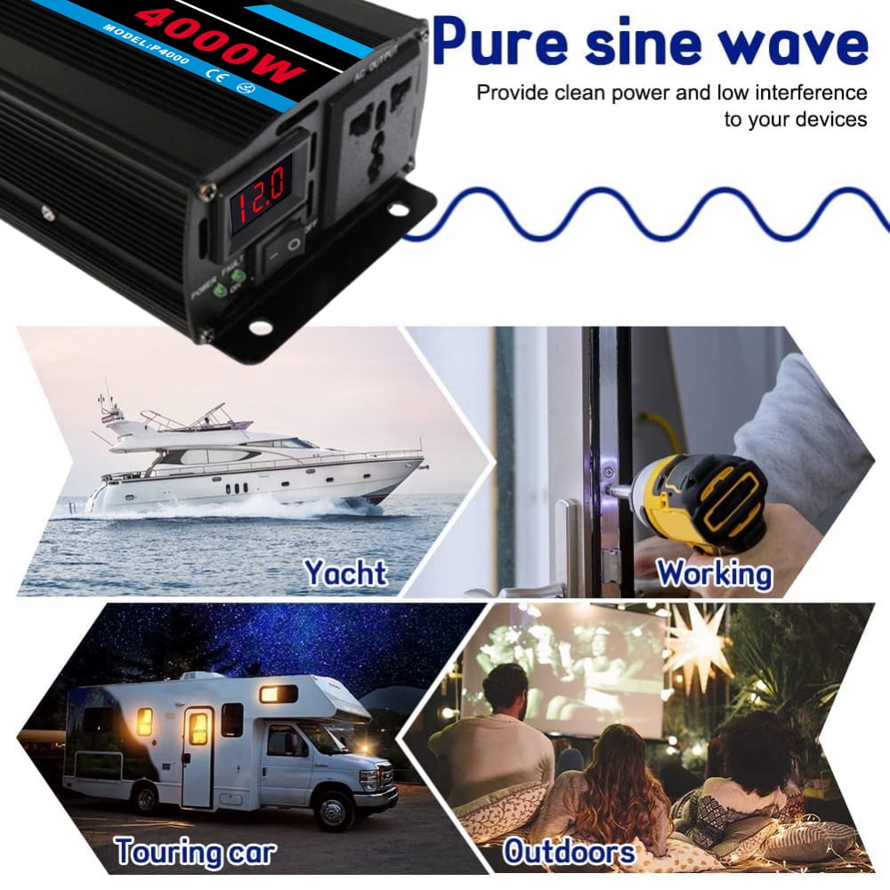 Pure Sine Wave Inverter, 4000W Power Inverter DC12V to AC 120V Car RV Converter Charger Adapter