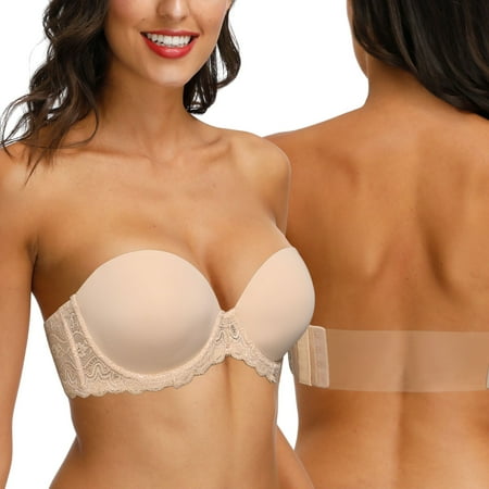 YANDW Strapless Clear Back Bra for Women Convertible Padded Lace Plus Size Bra Underwire  Beige 36D