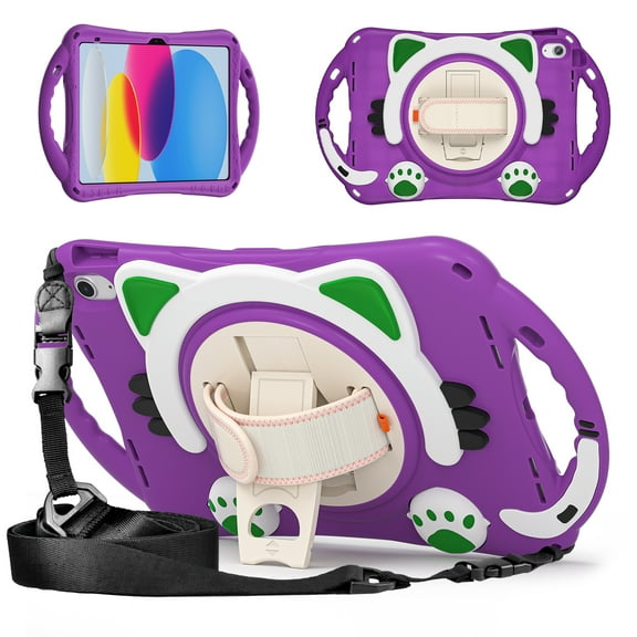 TECH CIRCLE iPad 10.9 inch 10th Generation Case for Kids, Heavy Duty Rugged Protection Kid-Friendly Handle Stand Shoulder Strap Cute Cat Case for Apple iPad 10th Generation 10.9 inch 2022, Purple