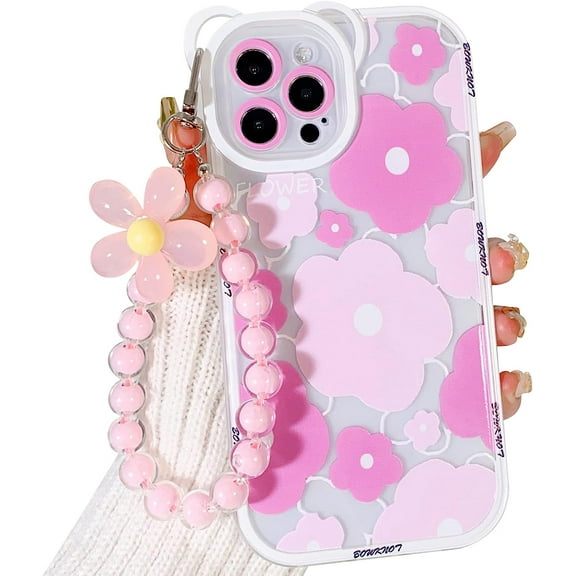 Compatible for iPhone 14 Pro Max Case, Cute Floral Bear Camera Lens Case for Women Girls, Soft TPU Shockproof Protective Cover with Lovely Flower Bracelet Chainr - Bear Pink