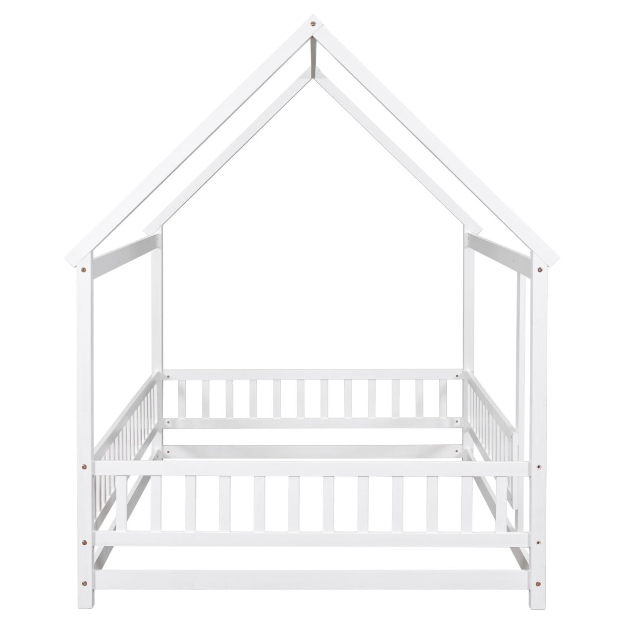 House Shaped Floor Bed Frame for Toddlers with Safety Guardrails, Sturdy Pine Wood Montessori Low Profile Kids Bed, Easy Assembly White Children's Floor Bed Frame