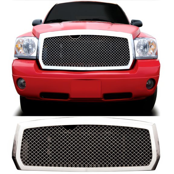 Ikon Motorsports Front Bumper Grille Compatible with 2005-2007 Dodge Dakota Bently Mesh Style Chrome ABS Replacement Front Bumper Grill Assembly 1PCS
