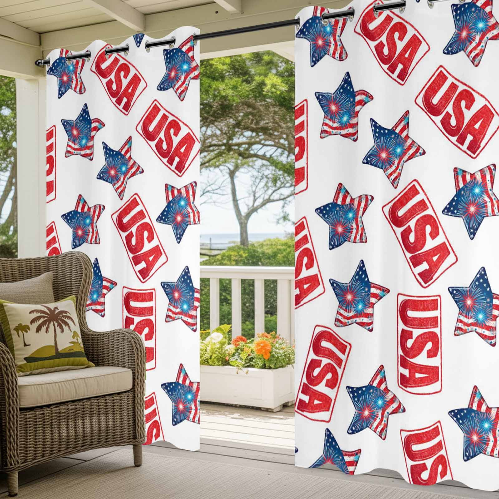 Independence Day Star Outdoor Curtains for Patio, Patriotic USA Flag Red Blue Star Fireworks Sunshade Privacy Drapes Grommet Waterproof Outside Curtains for Porch/Cabana/Balcony 54"x 108", 1 Panel