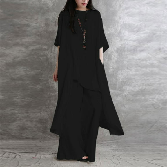 Jerdar Women Casual 2 Piece Short Sets Summer Leisure Suit Solid Short Sleeve Trousers Casual Suit Black L