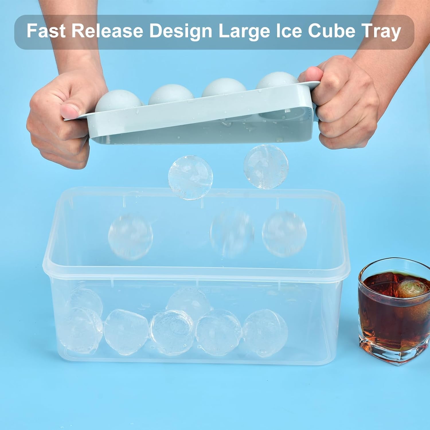 Ice Cube Tray with Lid, 3 Pack 2 INCH Round Ice Ball Maker, Easy Fill & Release Sphere Ice Ball Mold for Whiskey Cocktails Bourbon - Blue