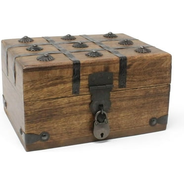 Nautical Cove Treasure Chest Wooden Box with Antique Iron Lock and Skeleton Key - Storage and Decor (Medium 12.5 x 6 x 5.5)