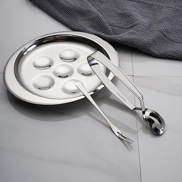 Platos para caracoles de acero inoxidable con 6 agujeros y tenedores con clip para setas.