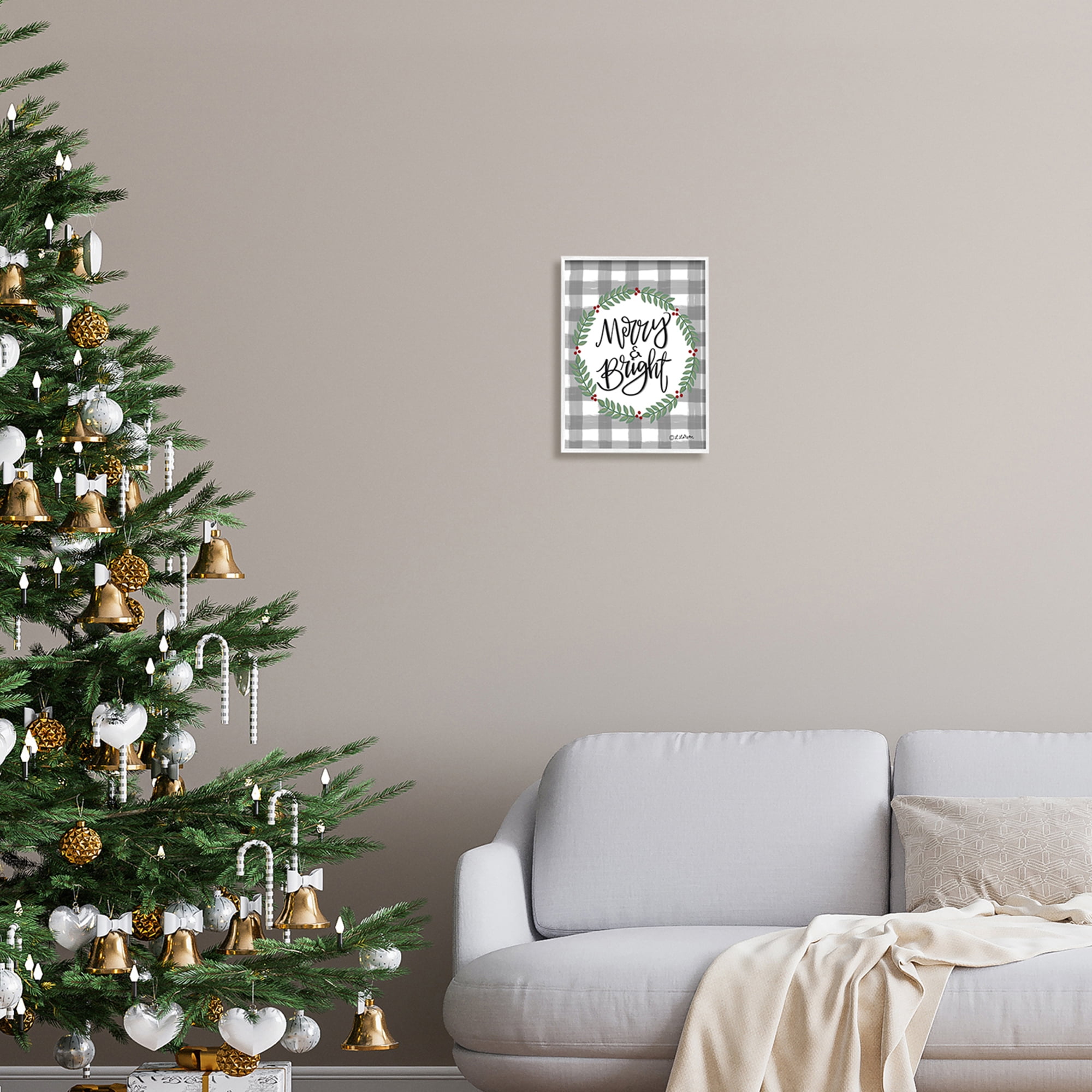 Merry & Bright Gingham Christmas Calligraphy Design Inspirational Graphic Art Framed Art Print Wall Art